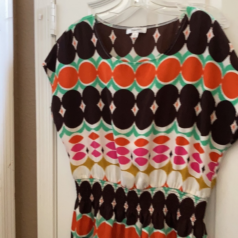 dressbarn Multicolor Geometric Print Dress — Brown, Orange, Pink, Teal, Cream